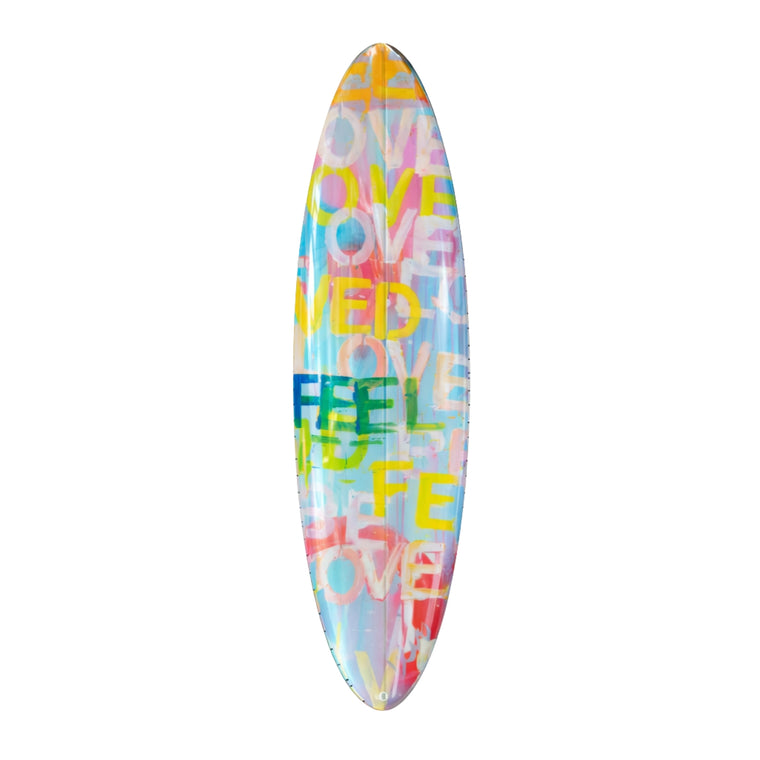Feel Love Surfboard by Kerri Rosenthal, a colorful 6-foot handmade surfboard