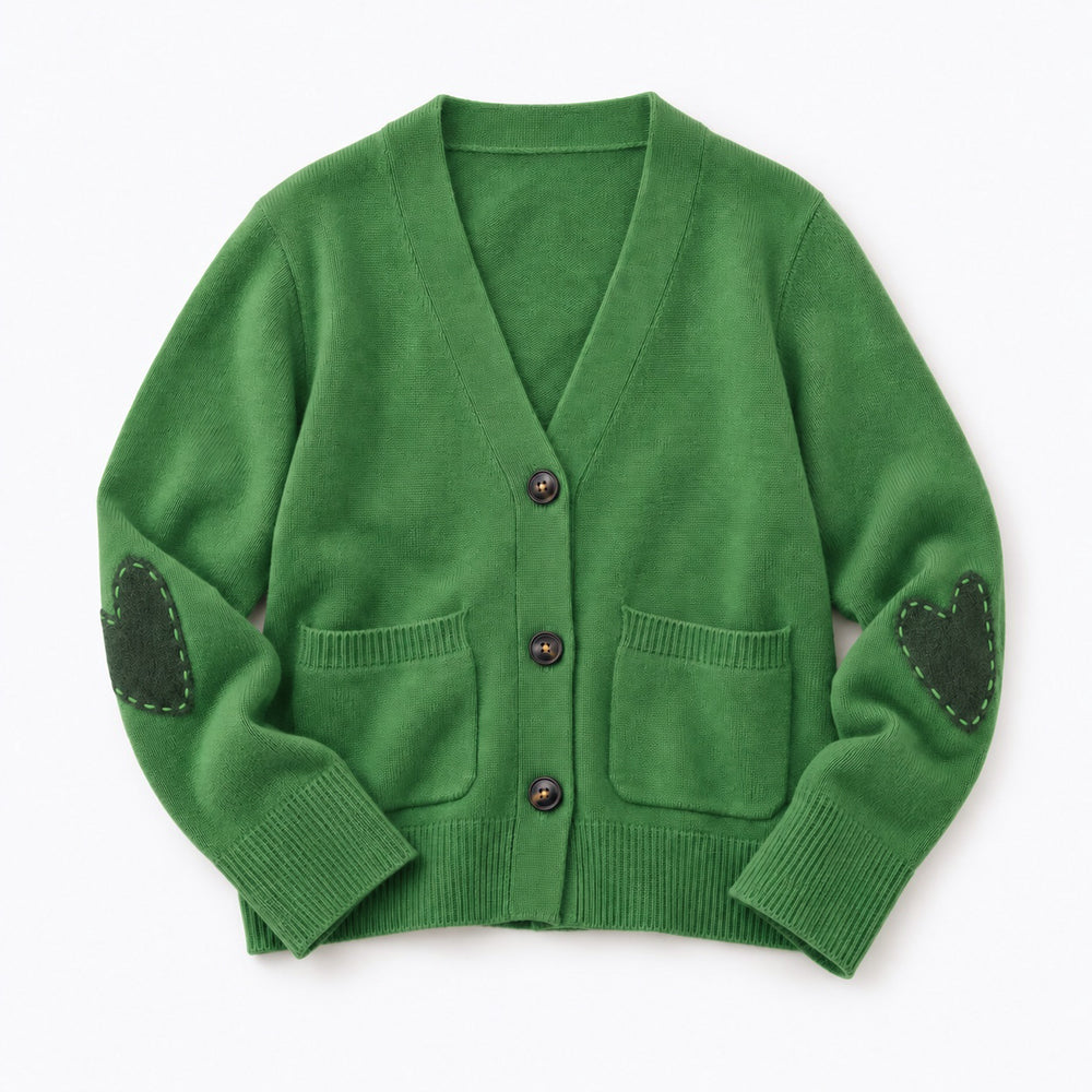 Flat view of the Frances Cardigan in evergreen with button front and heart elbow patches