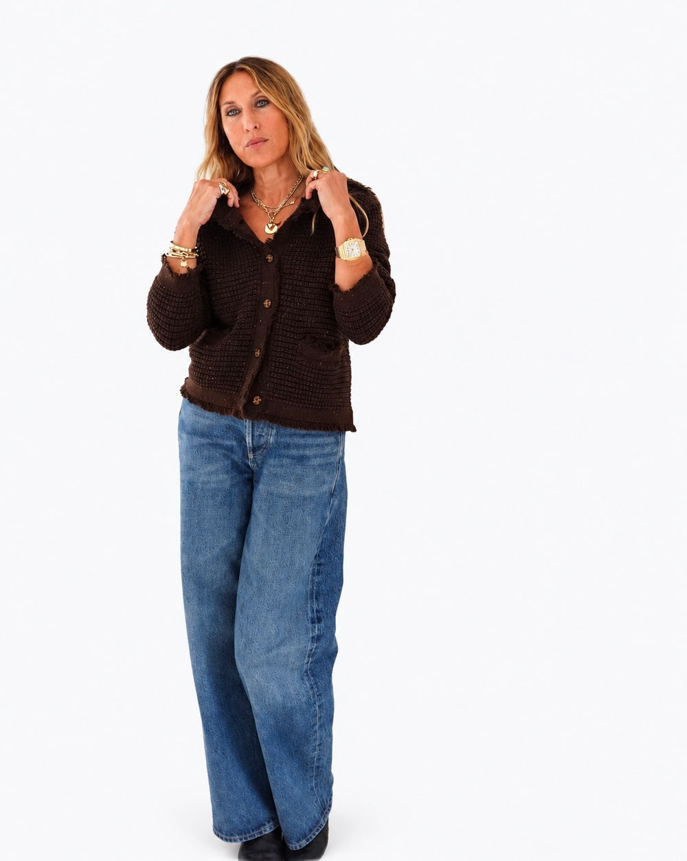 Kerri wearing the Fringe Beau-Lero Cardigan in cocoa heather with jeans, full length front view