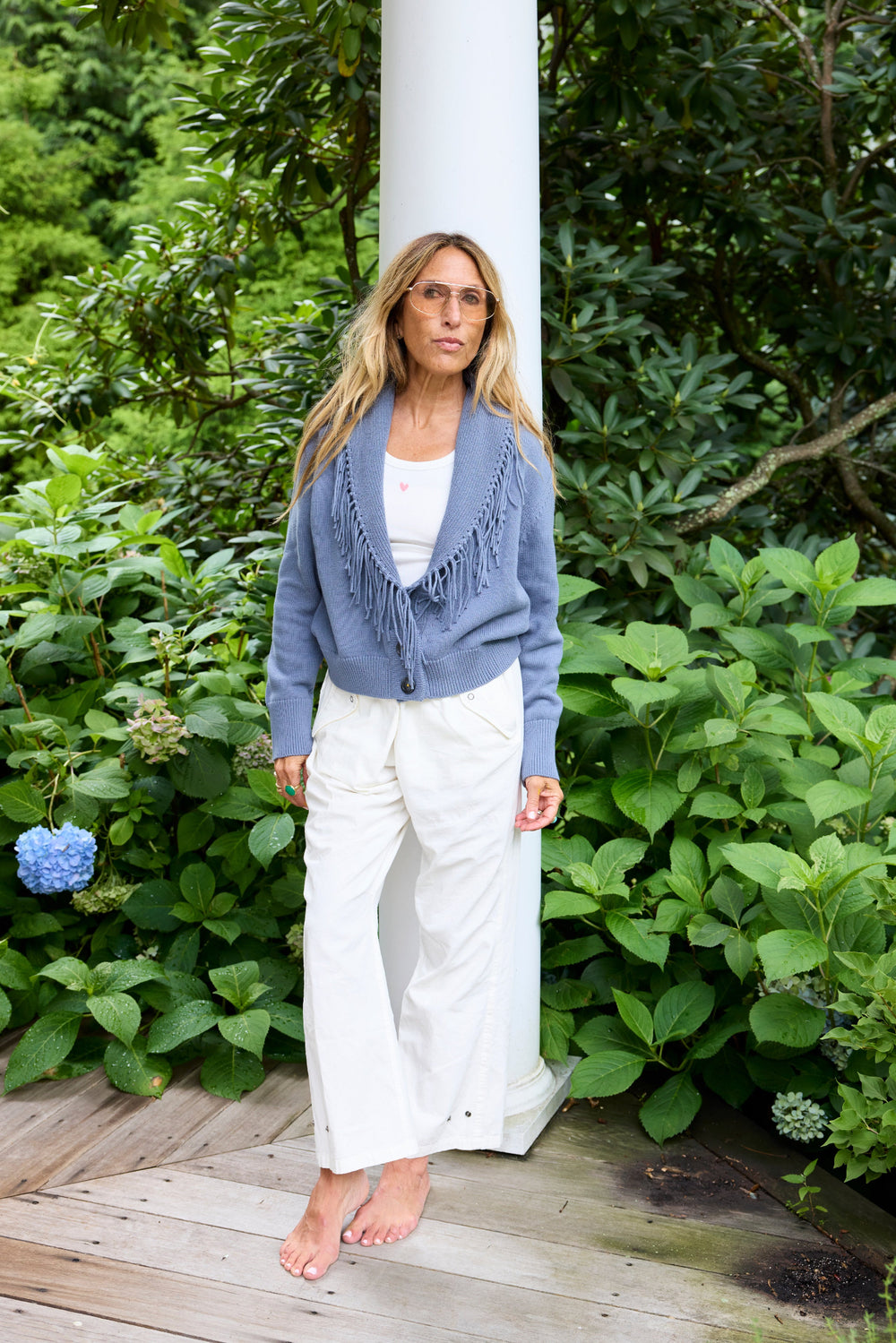Kerri Rosenthal blue cardigan outfit - full length outdoor styling