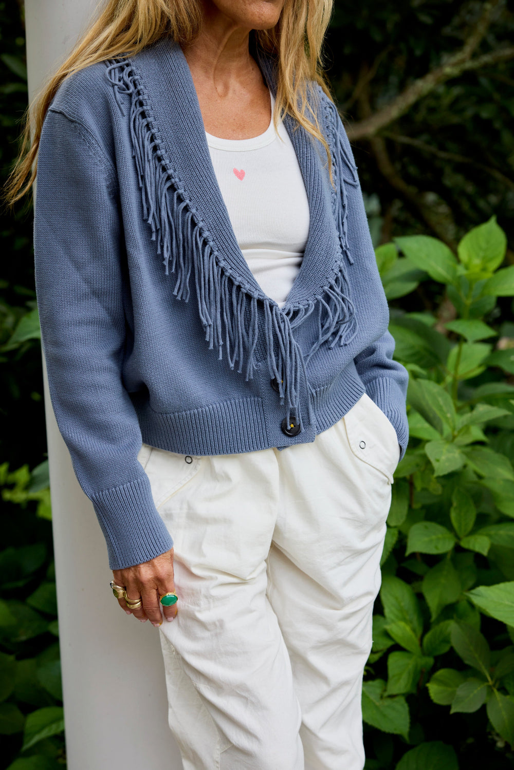 Kerri Rosenthal fringe trim cardigan - side detail close-up