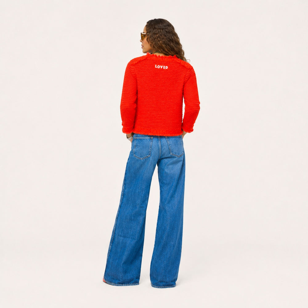 Kerri Rosenthal vermillion boucle tweed fringe jacket back view