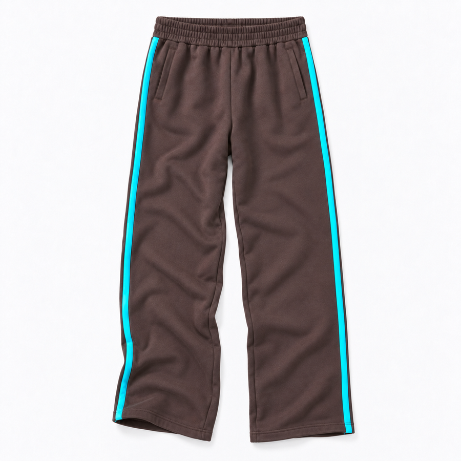 Weekend Palazzo Sweatpant wide-leg trouser with a sporty stripe down the leg, flat shot.