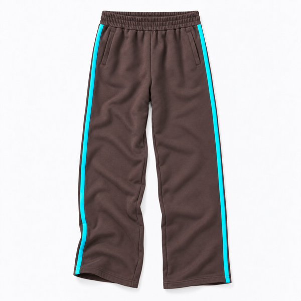 Weekend Palazzo Sweatpant wide-leg trouser with a sporty stripe down the leg, flat shot.
