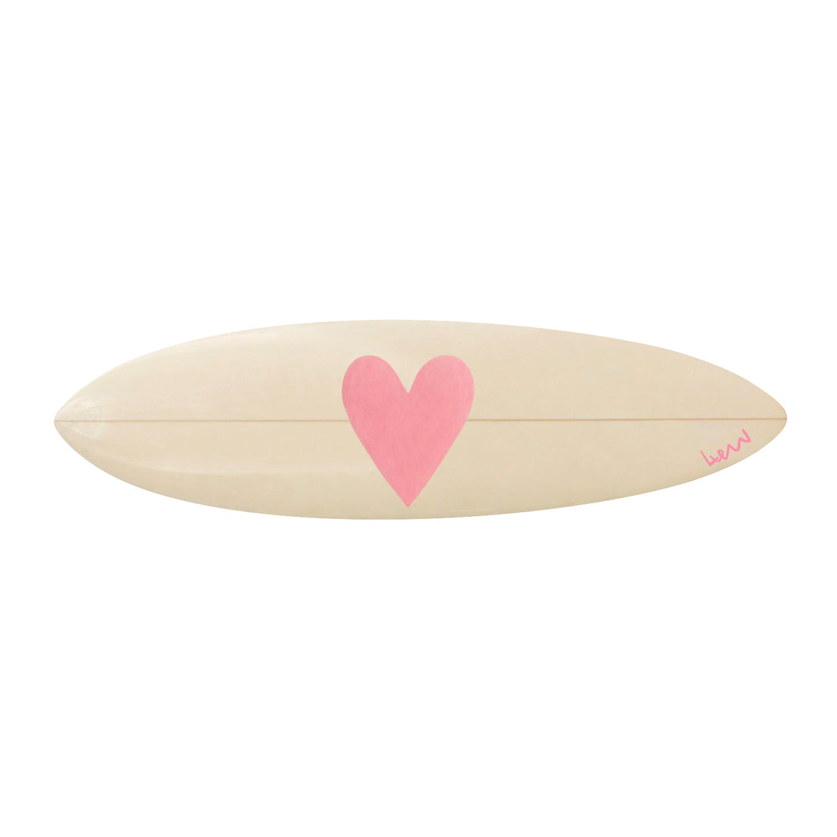 Good Love — hand-painted pink surfboard by Kerri Rosenthal, horizontal canvas with a soft pink heart, signed by Kerri