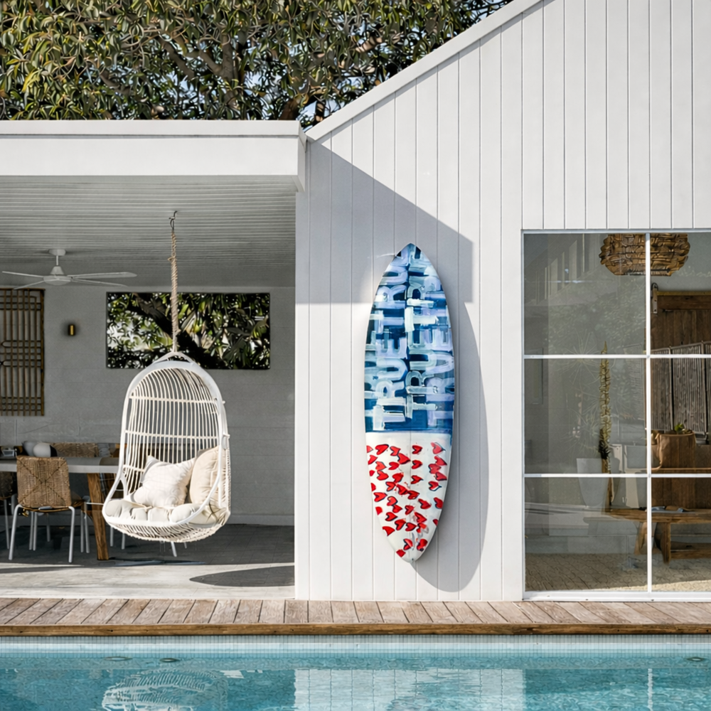 Handmade white and red word art surfboard for home decor - Shop colorful cute surfboards by Kerri Rosenthal