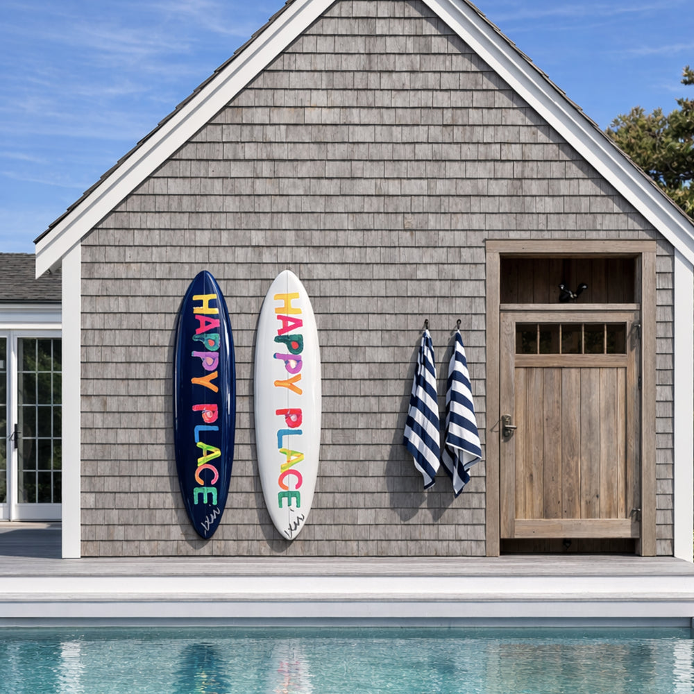 Happy place navy blue word art surfboard for decor - Shop modern surfboards by Kerri Rosenthal