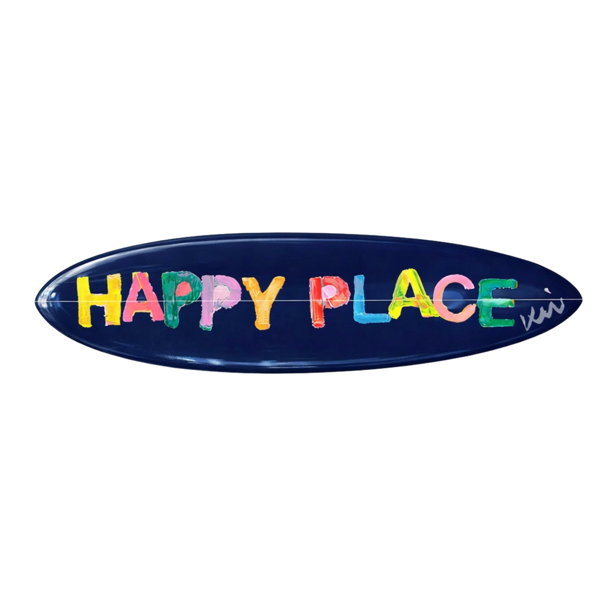 Happy place navy blue word art surfboard for living room decor - Shop modern surfboards by Kerri Rosenthal