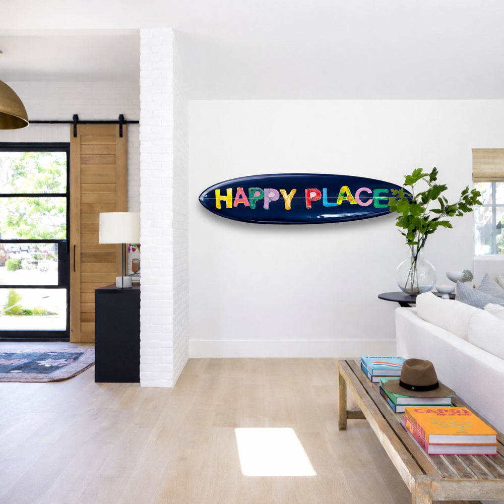 Happy place navy blue word art surfboard for modern living room decor - Shop cute colorcul surfboards by Kerri Rosenthal