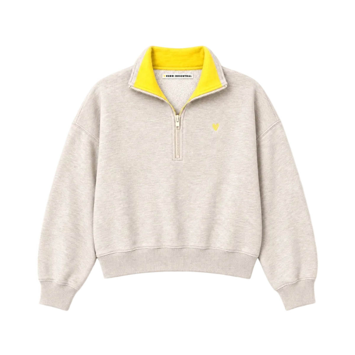 Flat view of the Sunday Quarter Zip Sweatshirt in taupe heather with a yellow-lined collar