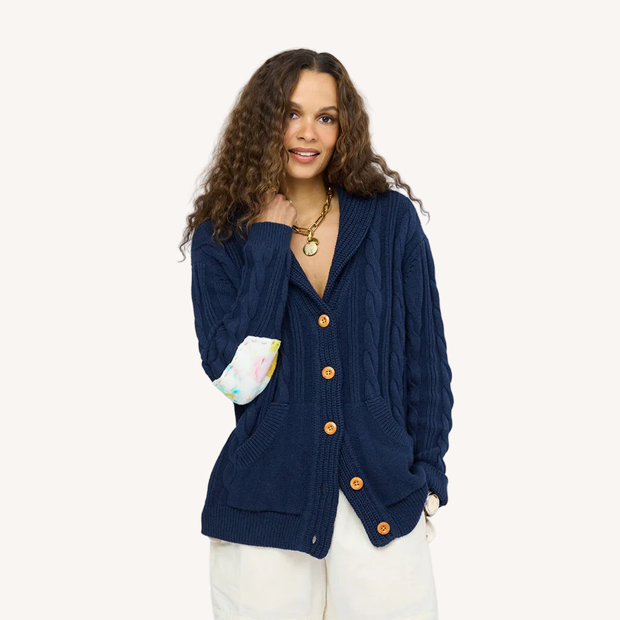 Helen shawl collar blue button-front cardigan in cotton cashmere blend with multi-color braided art, artwork elbow patches and pockets - Shop women’s cardigans by Kerri Rosenthal