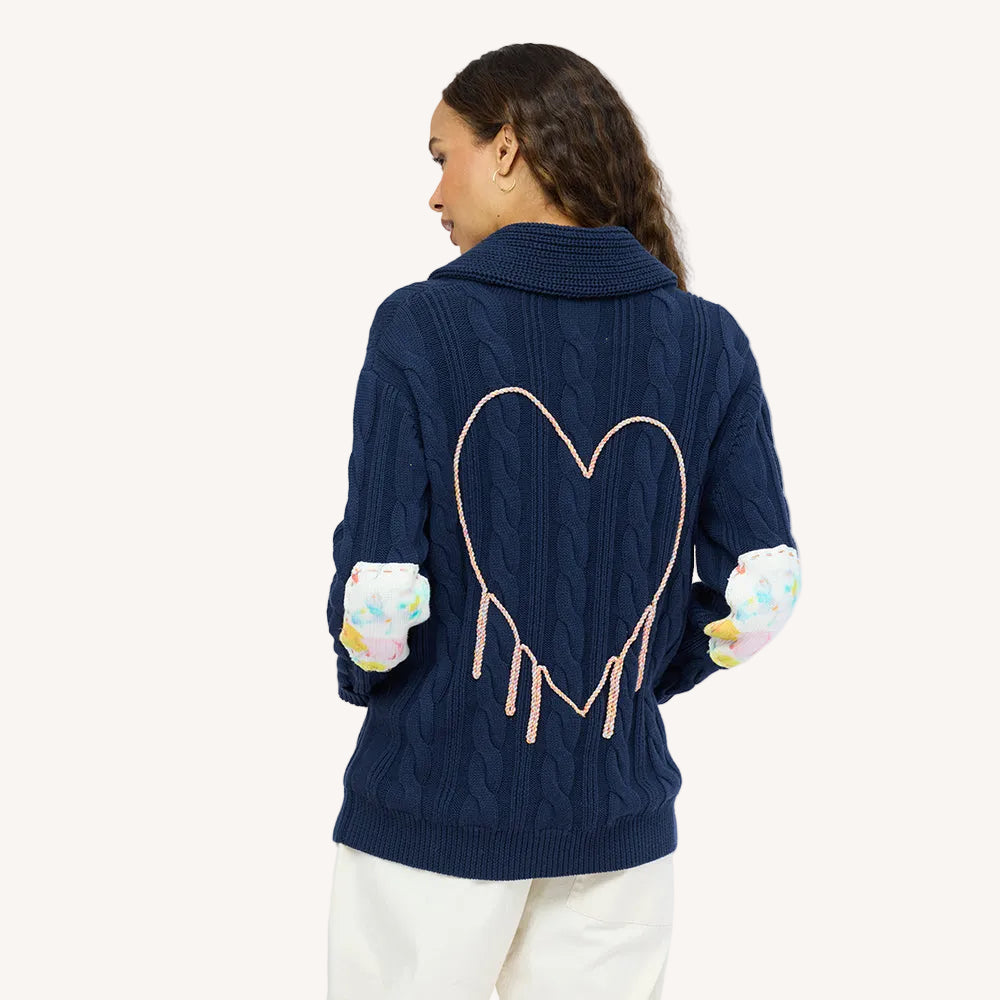 Helen shawl collar blue button-front cardigan in cotton cashmere blend with multi-color braided art and pockets - Shop women’s cardigans by Kerri Rosenthal