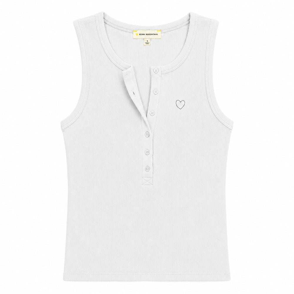 Kerri Rosenthal KR Henley Tank in white cotton with button placket and embroidered heart.
