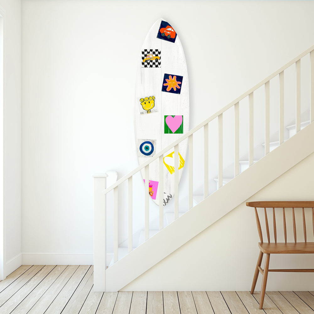 Icon multicolor decorative surfboard -Perfect handmade surfers for home decor by Kerri Rosenthal