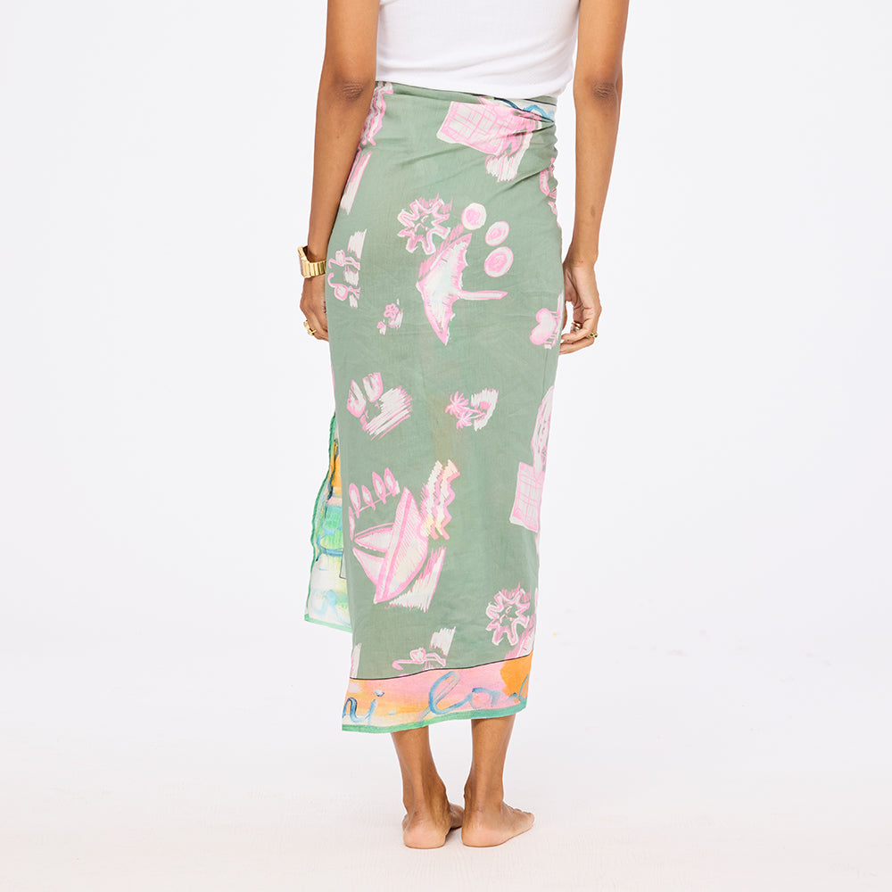 Ikat heart amalfi green sarong in cotton crepe - Shop women's luxury sarongs by Kerri Rosenthal