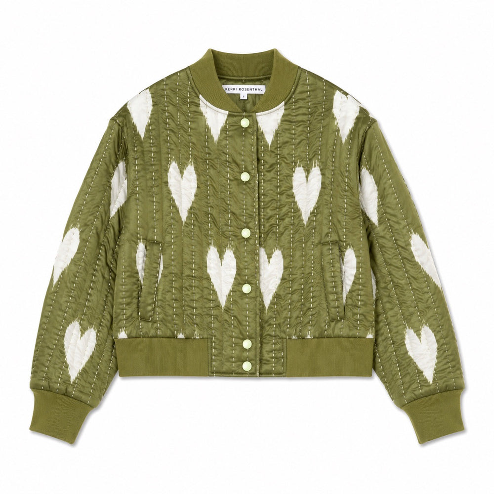 Kerri Rosenthal olive green quilted bomber jacket with heart print flat lay. Shop jackets and blazers at Kerri Rosenthal.
