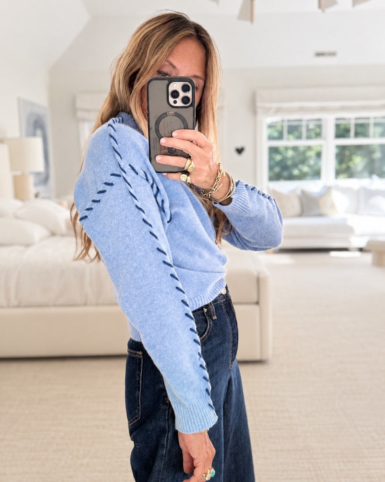 Kerri taking selfie and wearing Sienna Cashmere Cardigan, in side view