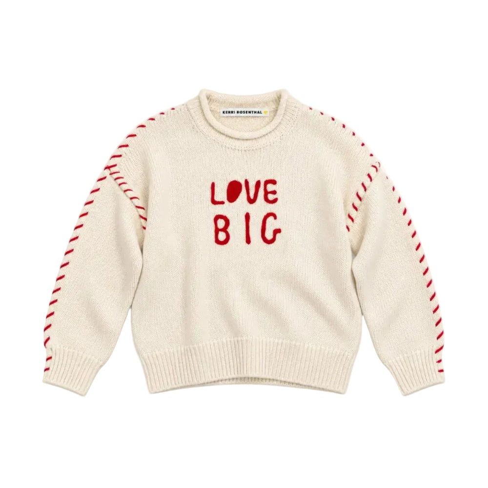 Flat view of the Love Big Sweater in cream with red 'love big' lettering and red stitching along the sleeves