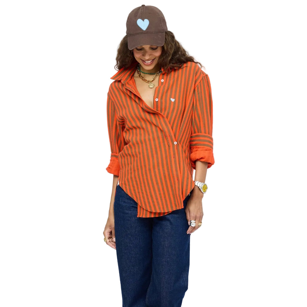 Kerri Rosenthal Jack Flannel Shirt in tomato and camel striped cotton flannel — shop women's shirts by Kerri Rosenthal