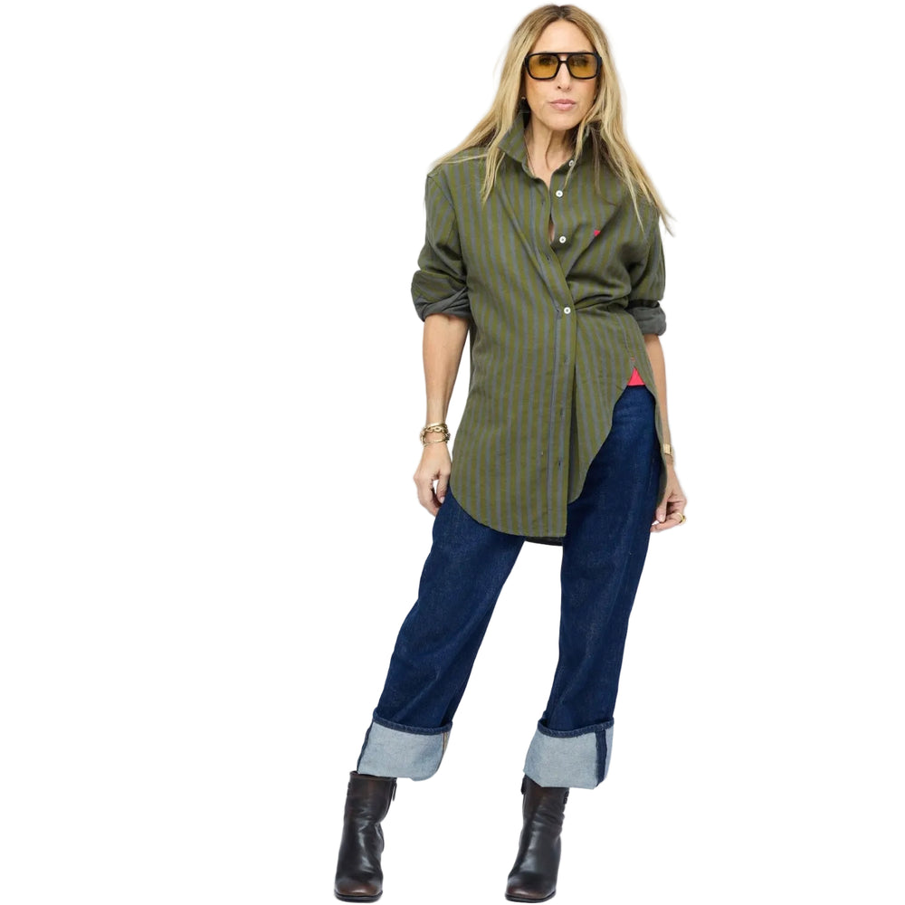 Kerri Rosenthal Jack Flannel Shirt in country mist and army green cotton flannel, view 2