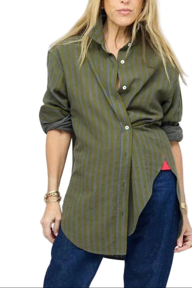 Kerri Rosenthal women's olive green striped button-down shirt, front view with rolled sleeves and denim.