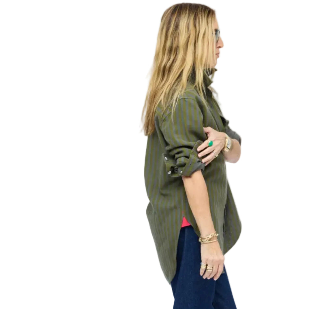 Kerri Rosenthal women's olive green button-down shirt, side profile styled with cuffed jeans
