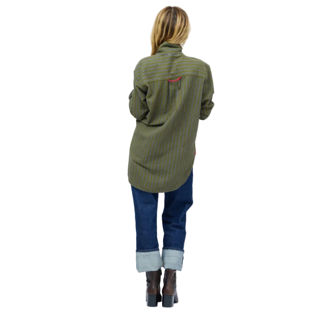 Kerri Rosenthal women's olive green button-down shirt, back view styled with cuffed denim jeans.