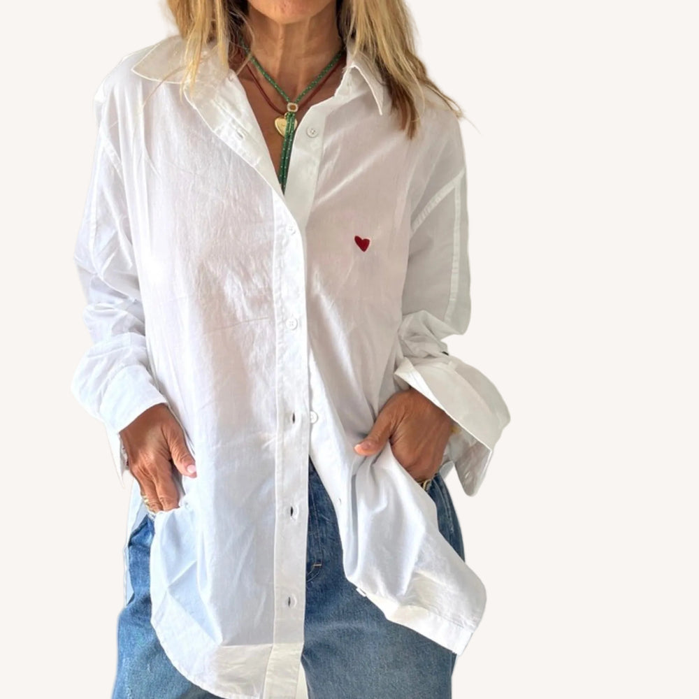 Jack button-down white shirt in 100% cotton with embroidered heart - Shop cute cotton shirts by Kerri Rosenthal