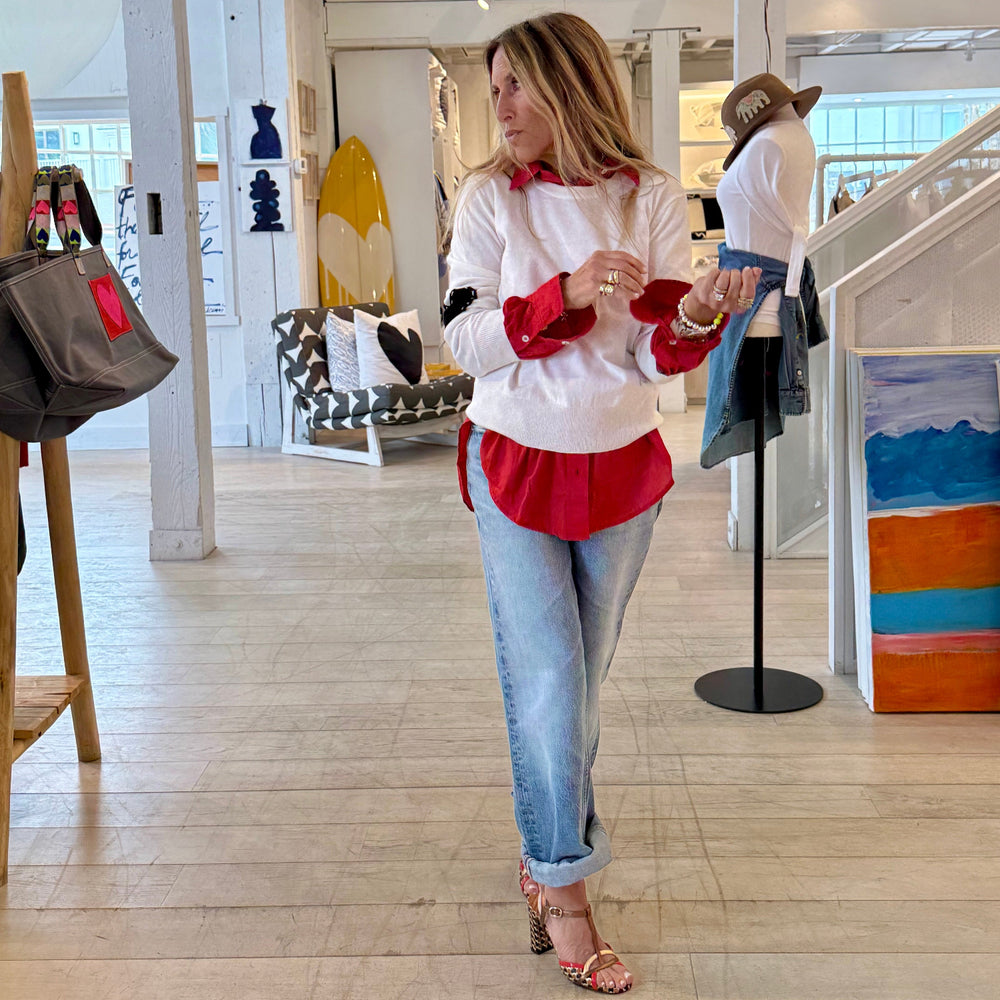 Jack button-down red shirt in 100% cotton with white pullover sweater - Shop cute cotton shirts by Kerri Rosenthal