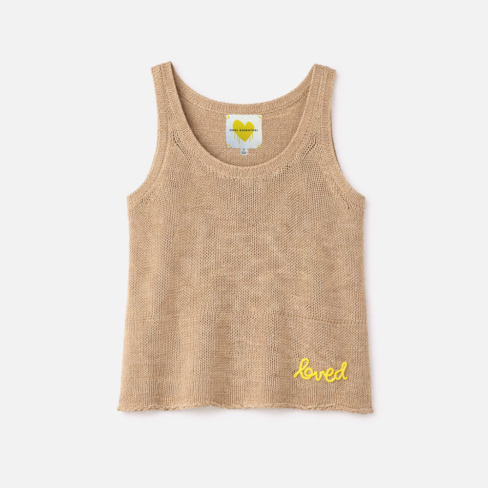 KR sleeveless beige sweater tank top with "Loved" embroidery - Shop women's cute cotton tank tops by Kerri Rosenthal