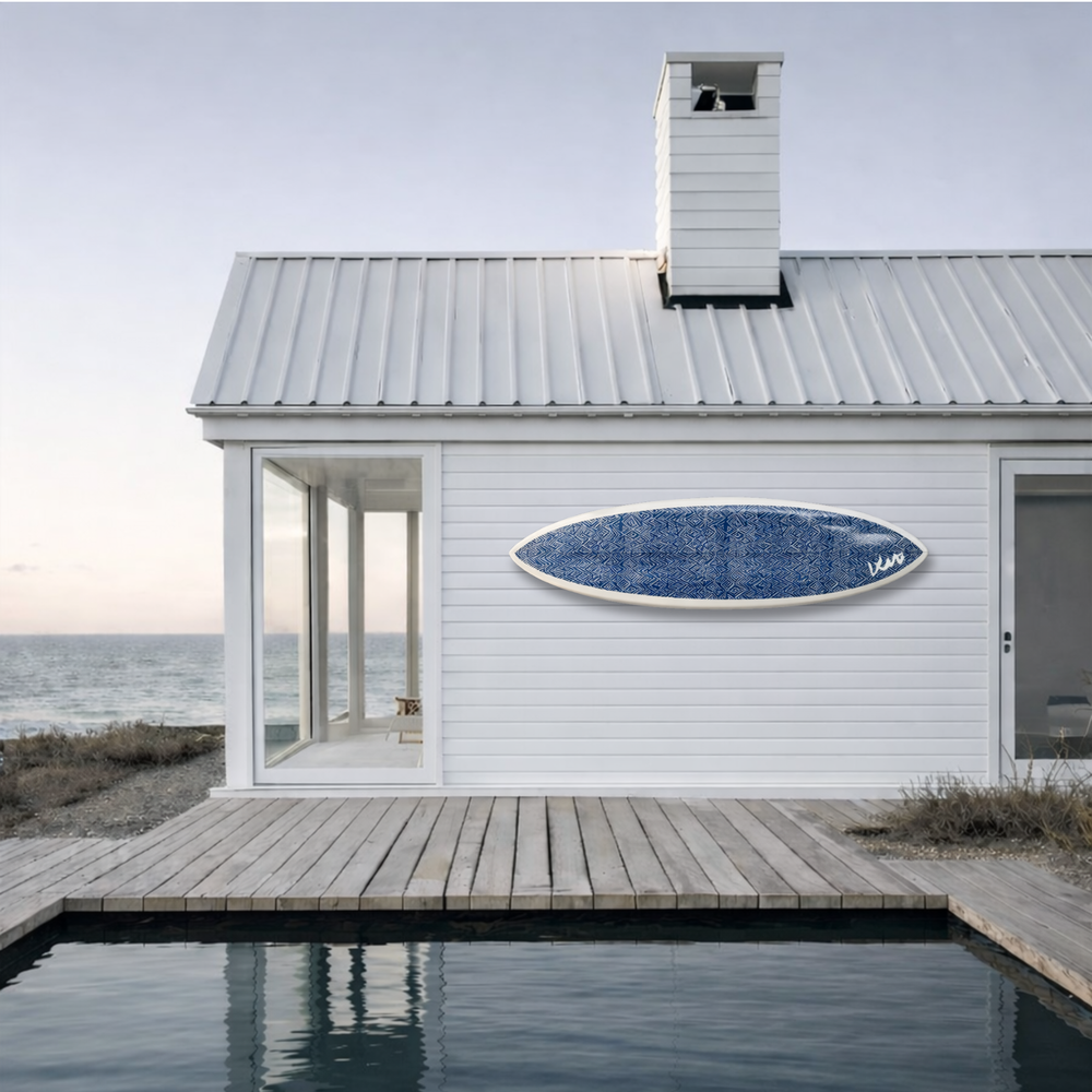 Decorative jayney denim blue surfboard in vibrant coastal charm to any room - Shop surfboards by Kerri Rosenthal