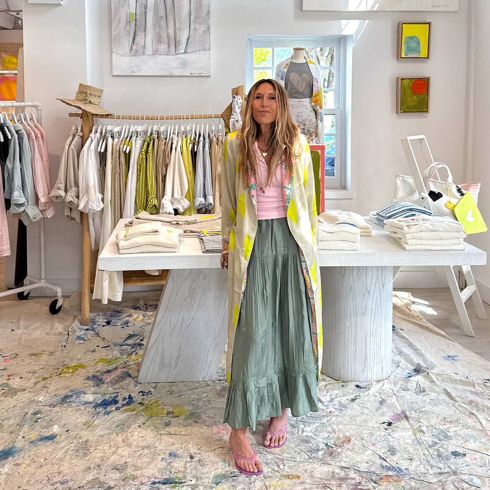 Kerri Rosenthal Golden Duster in viscose satin with Ikat Heart print. Shop Kerri Rosenthal skirts
