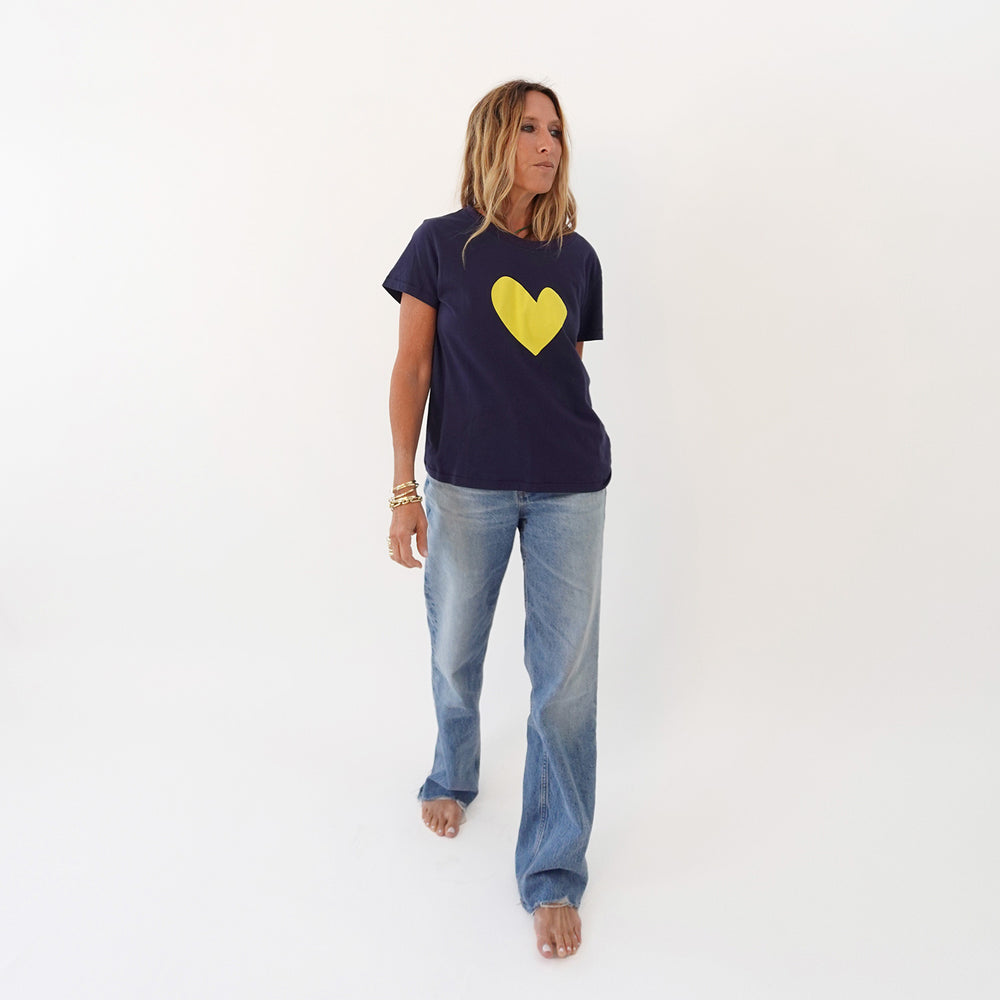 Suke indigo blue imperfect heart tee shirts with blue denim jeans - Shop women's graphic tees by Kerri Rosenthal