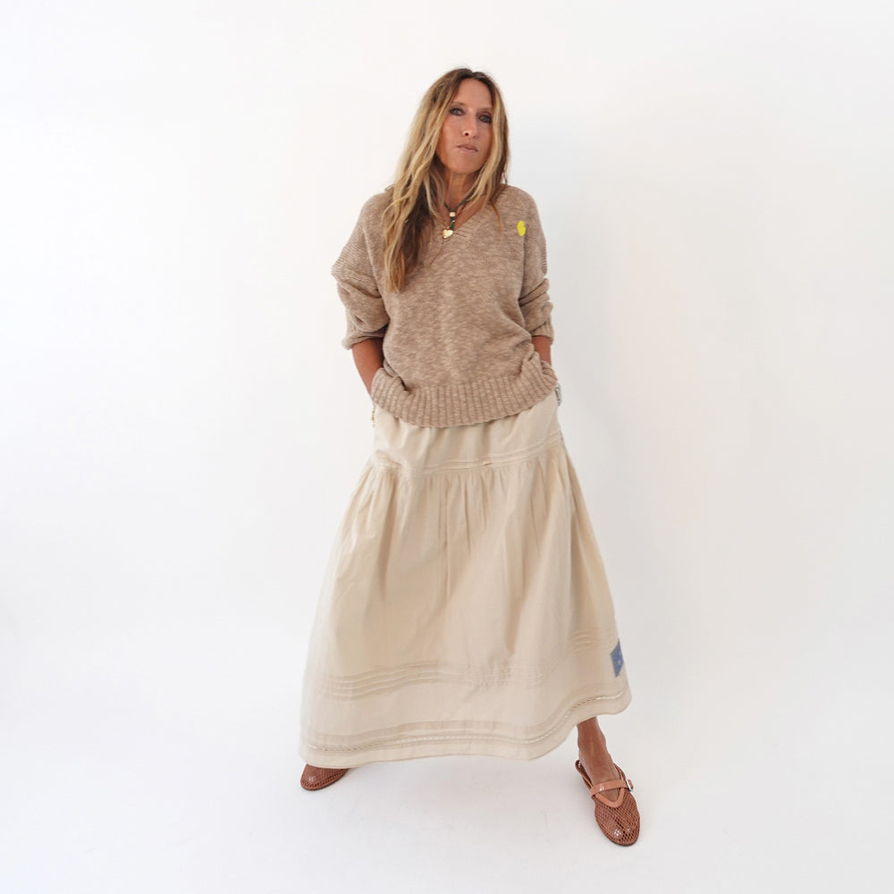 Vacance pintuck beige maxi skirt in cotton with tan sweater - Shop women's cute maxi skirts & sweaters by Kerri Rosenthal