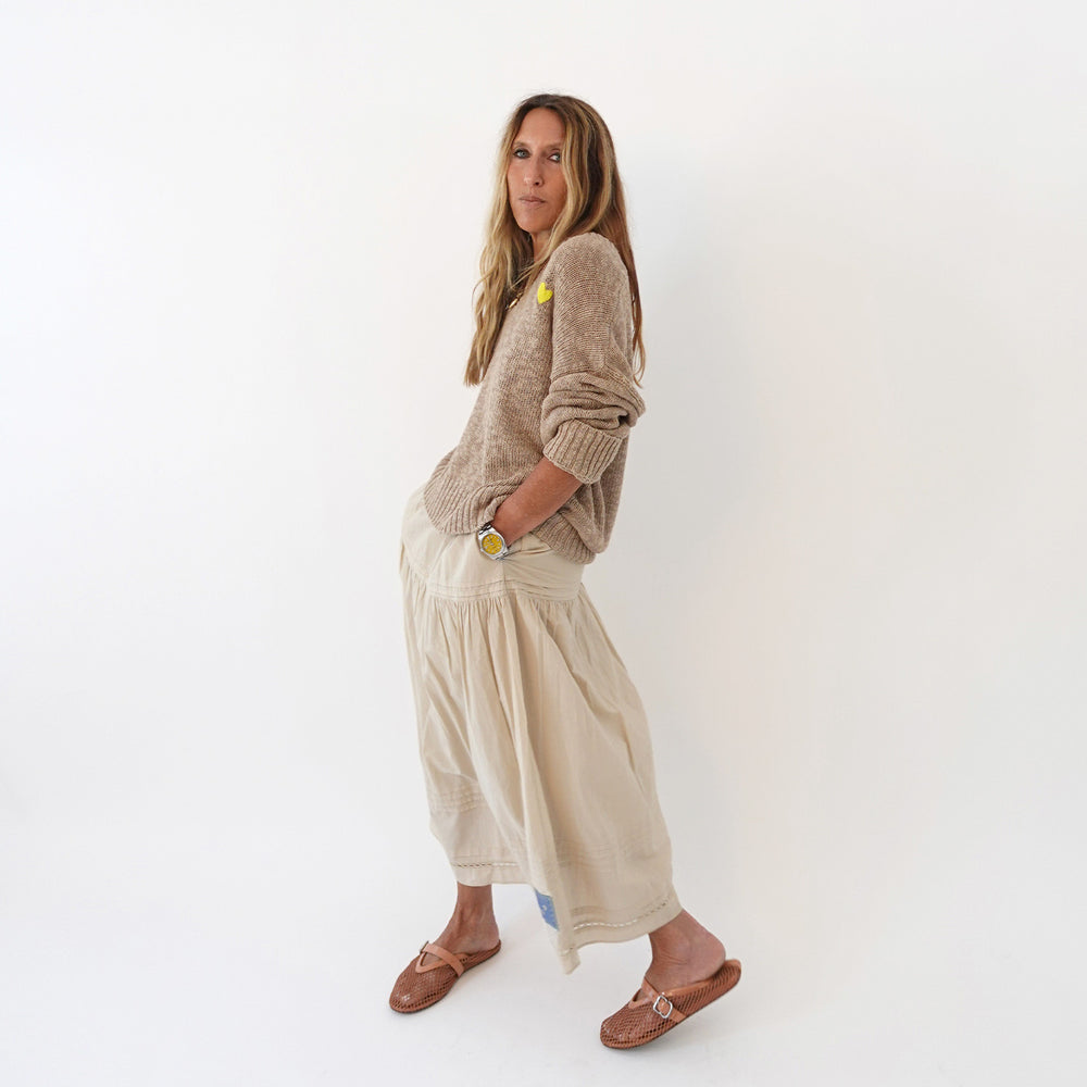 Vacance pintuck beige maxi skirt in cotton with beige sweater - Shop women's cute maxi skirts & sweaters by Kerri Rosenthal