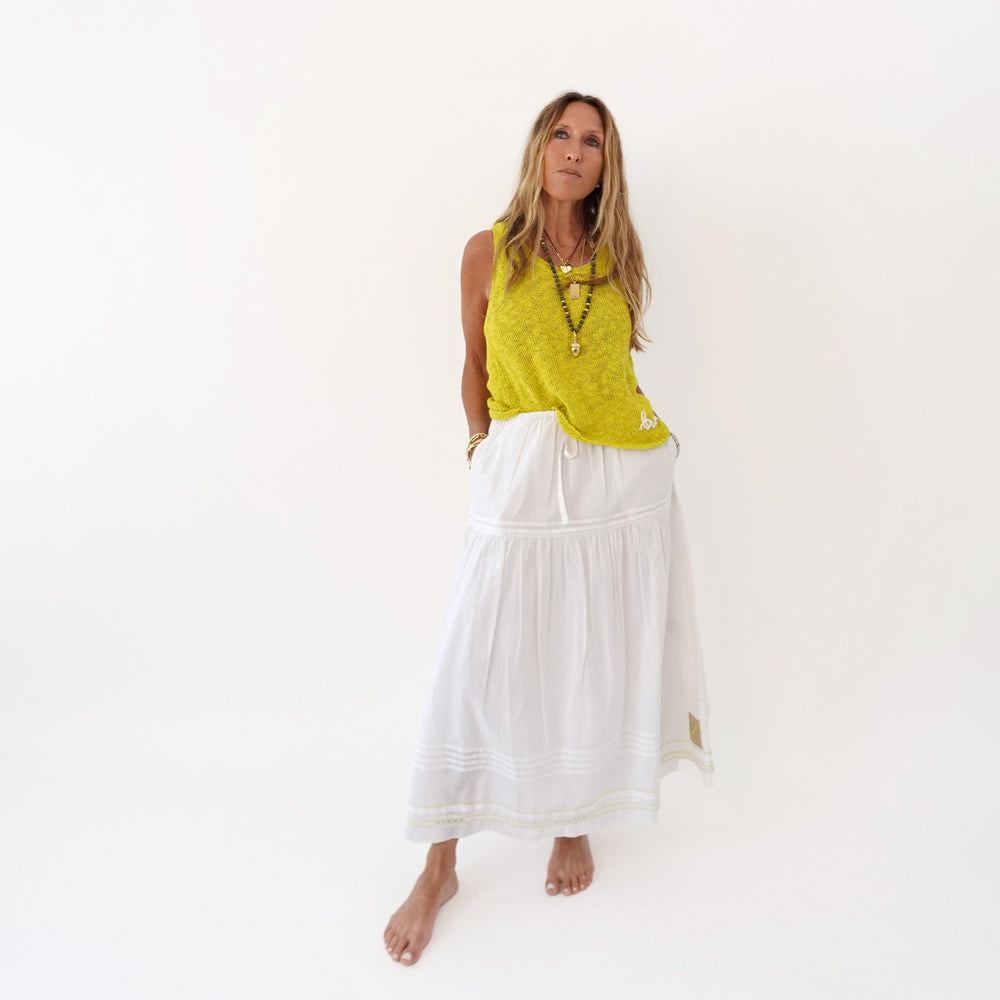 Vacance pintuck long white skirt in cotton with green sweater tank top - Shop cute maxi skirts & shirts by Kerri Rosenthal
