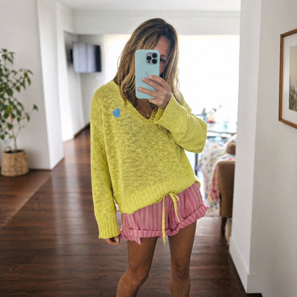 Summerland V-neck long sleeves yellow sweater with heart appliqué - Shop cute pullover sweaters by Kerri Rosenthal