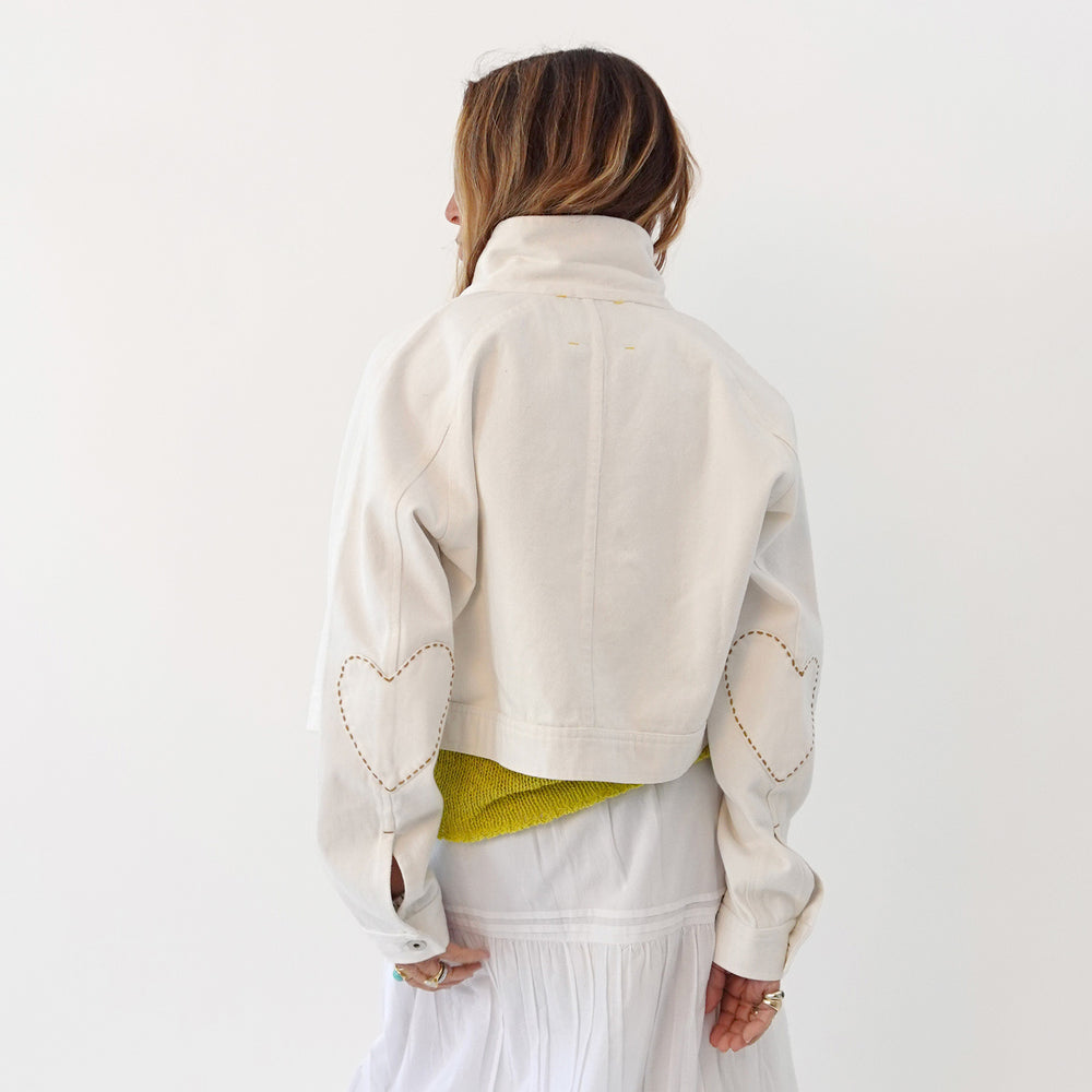 light denim jacket in 100% cotton denim with heart elbow patches - Shop women's white denim jackets by Kerri Rosenthal
