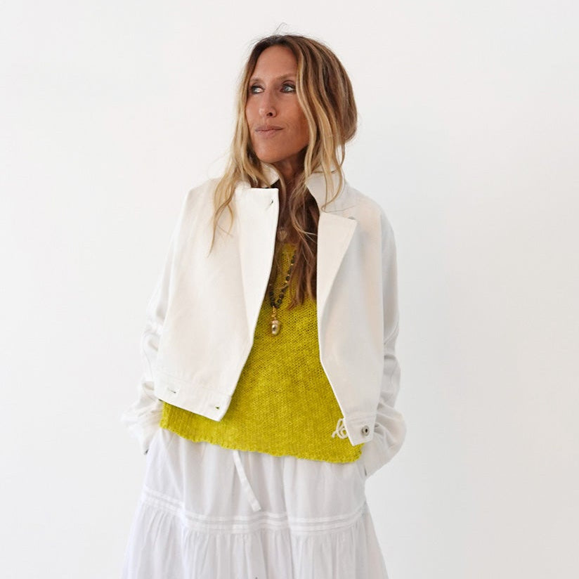 White jacket denim with lime green sweater tank top and white maxi skirt - Shop cotton tank tops by Kerri Rosenthal