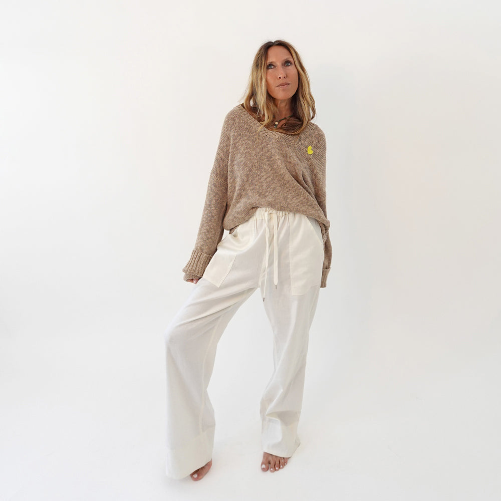 Summerland pullover sweater v neck in cotton-slub blend with wide leg palazzo pants by Kerri Rosenthal