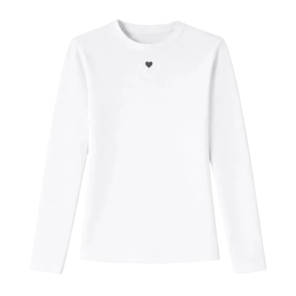 KR Long Sleeve Rib white tee in cotton blend with a tiny imperfect heart - Shop women's tees by Kerri Rosenthal