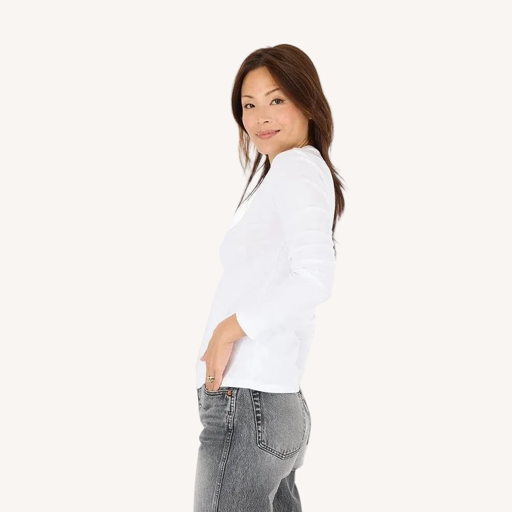 KR Long Sleeve Rib white tee in cotton blend with a tiny imperfect heart - Shop women's tees by Kerri Rosenthal