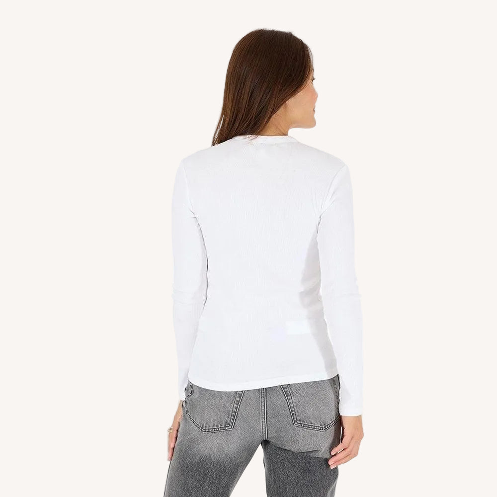 KR Long Sleeve Rib white tee in cotton blend with a tiny imperfect heart - Shop women's tees by Kerri Rosenthal
