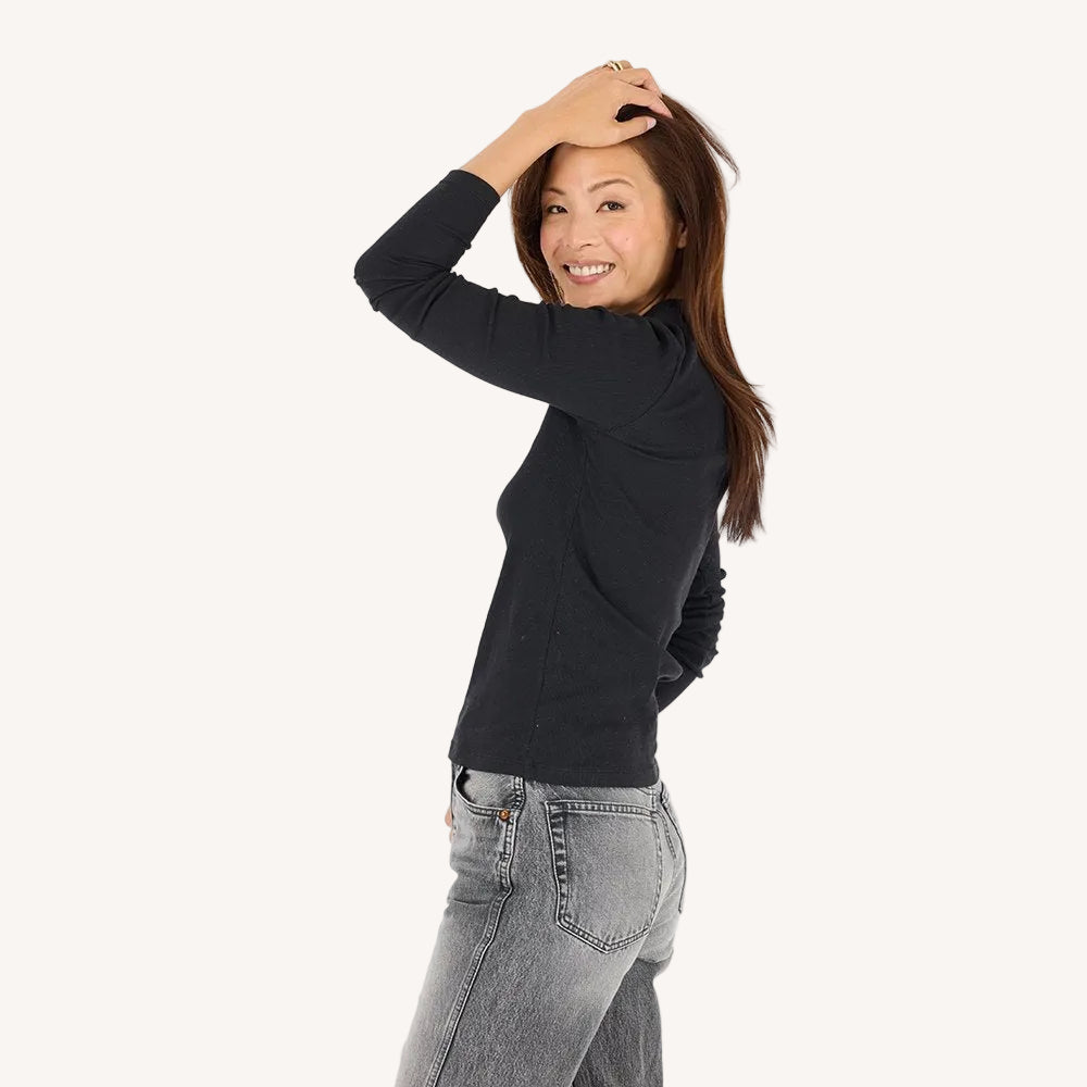 KR long sleeve rib black tee in cotton blend with an imperfect heart - Shop women's tees by Kerri Rosenthal