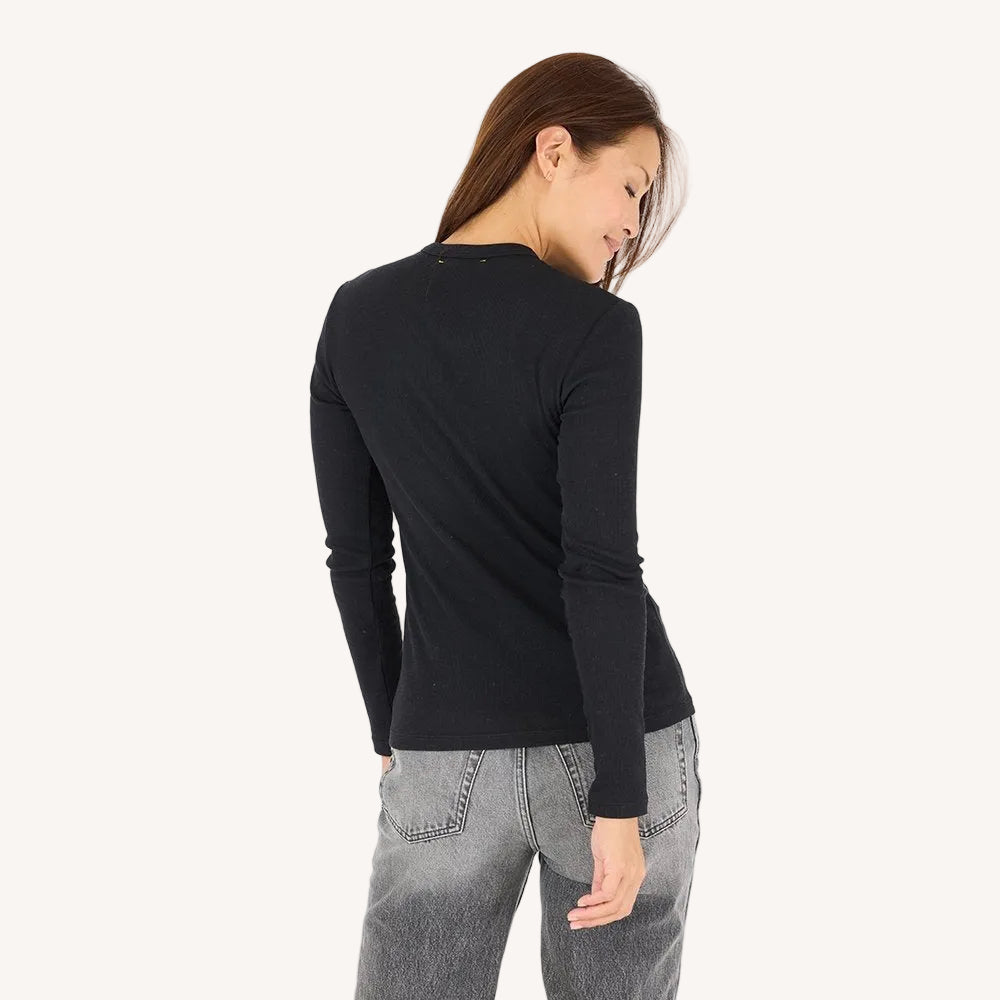 KR long sleeve rib black tee in cotton blend with an imperfect heart - Shop women's tees by Kerri Rosenthal