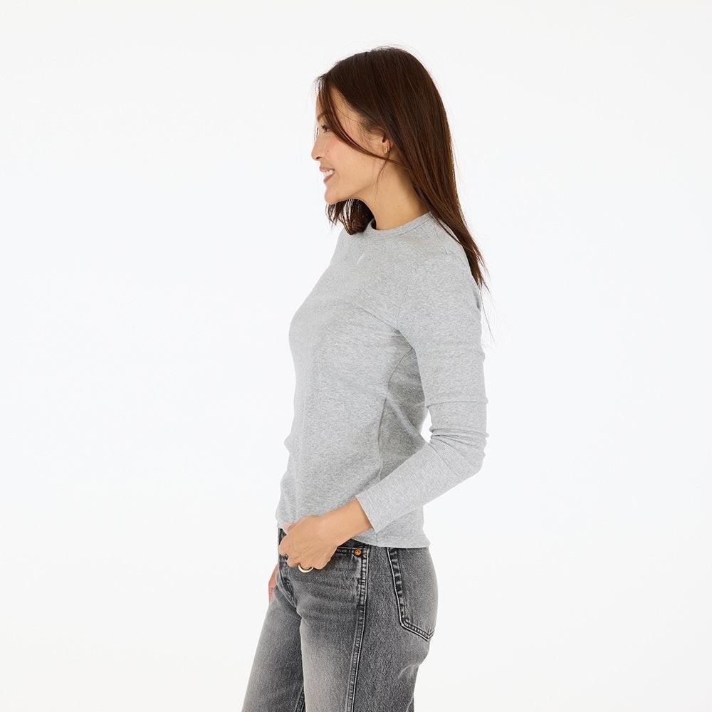 KR long sleeve rib heather gray tee in soft cotton blend with a tiny imperfect heart - Shop women's tees by Kerri Rosenthal