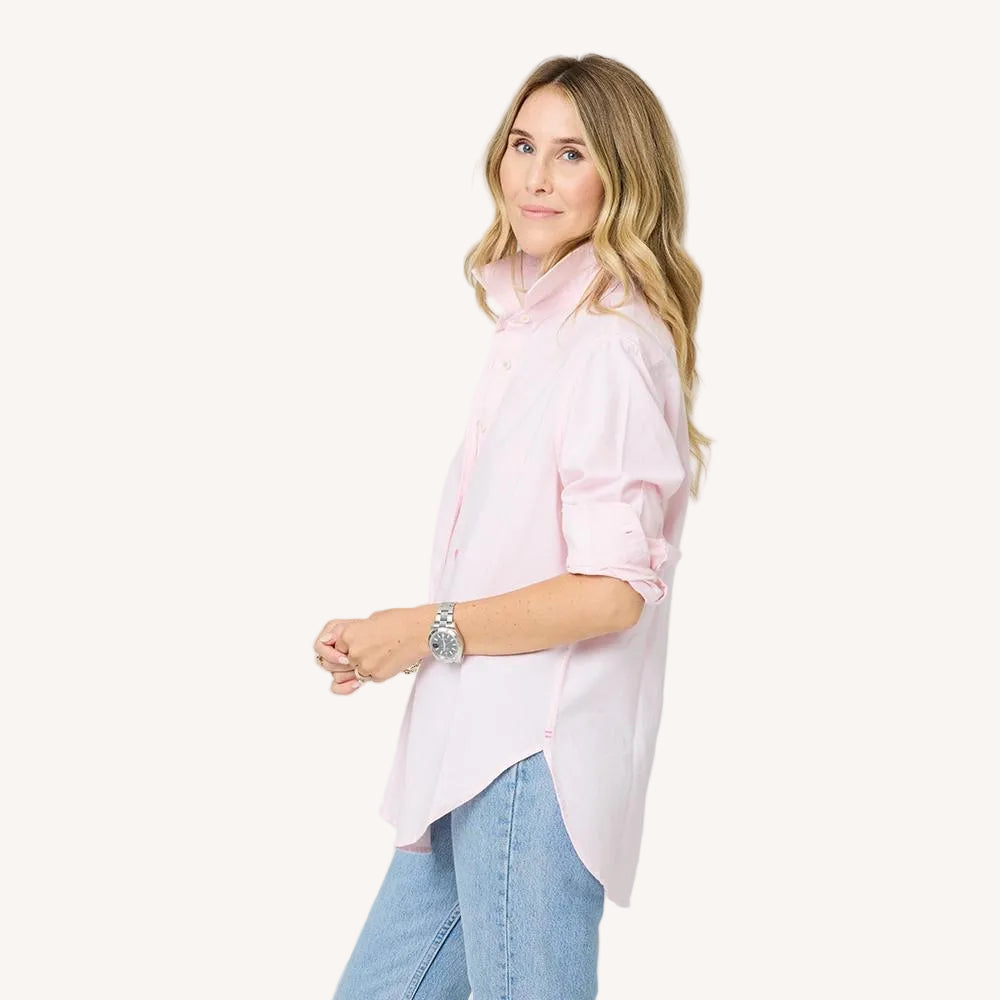 Mia pink oxford button-up shirt in 100% cotton with heart elbow patches