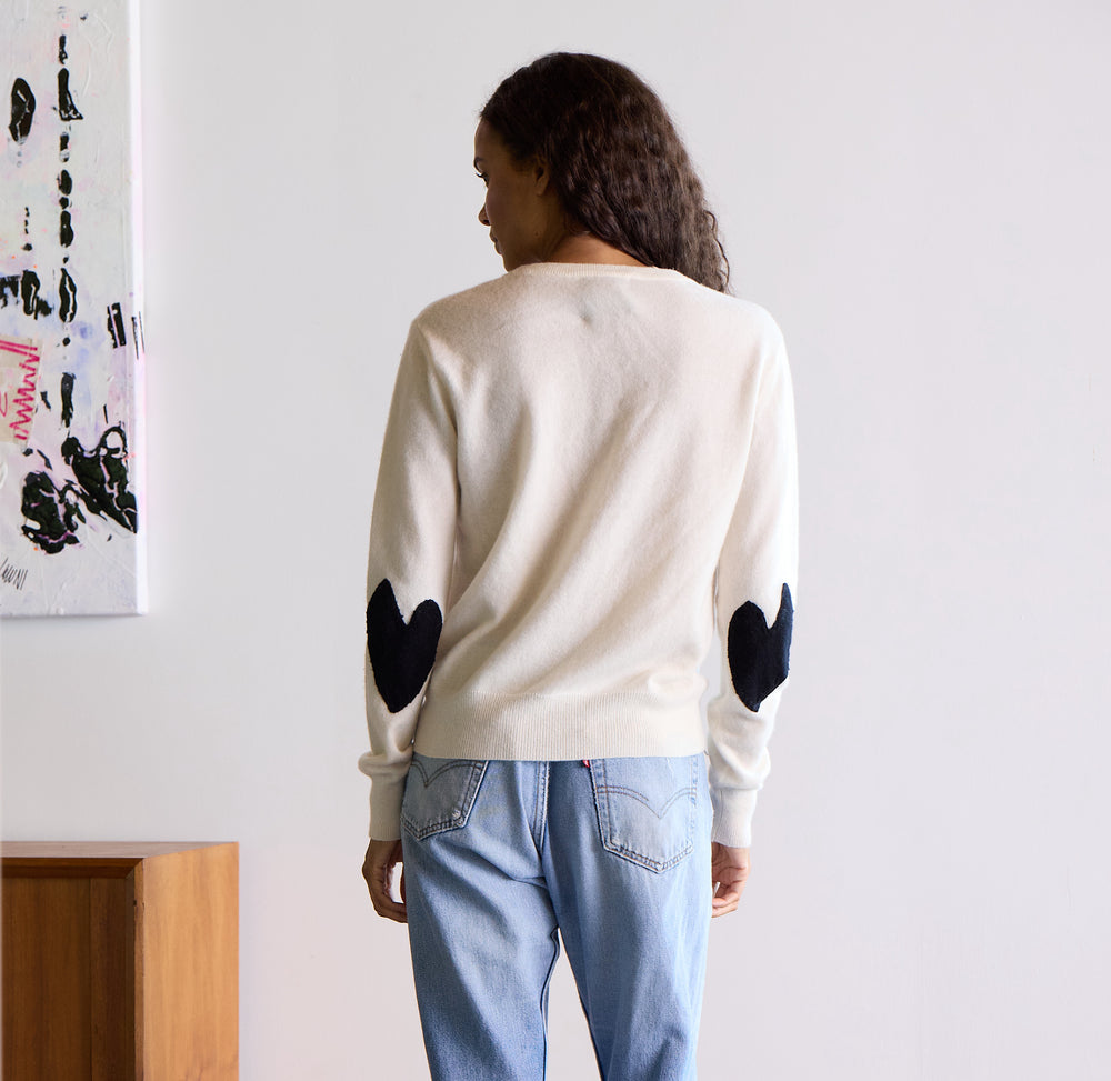 Heart Elbow Patchwork Pullover Long Sleeve Cashmere Sweater natural off white beige - designer fashion sweaters by Kerri Rosenthal