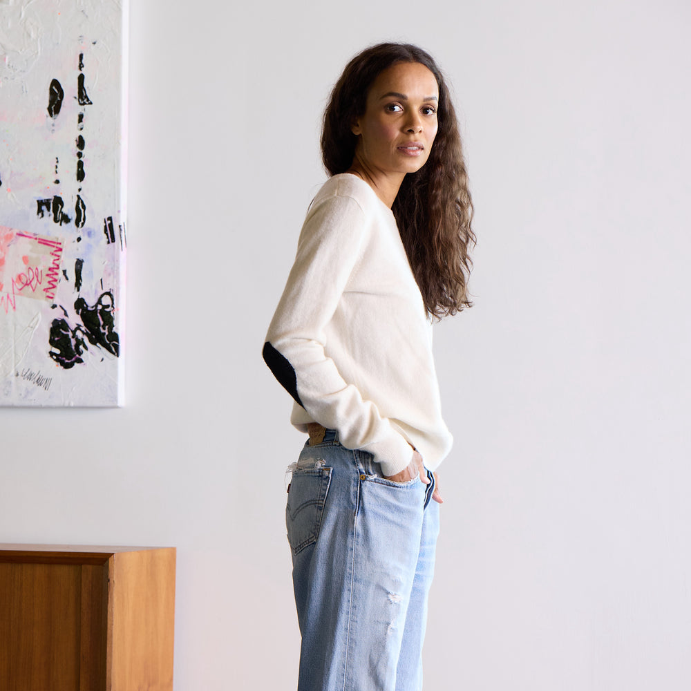 Heart Elbow Patchwork Pullover Long Sleeve Cashmere Sweater natural off white beige - designer fashion sweaters by Kerri Rosenthal