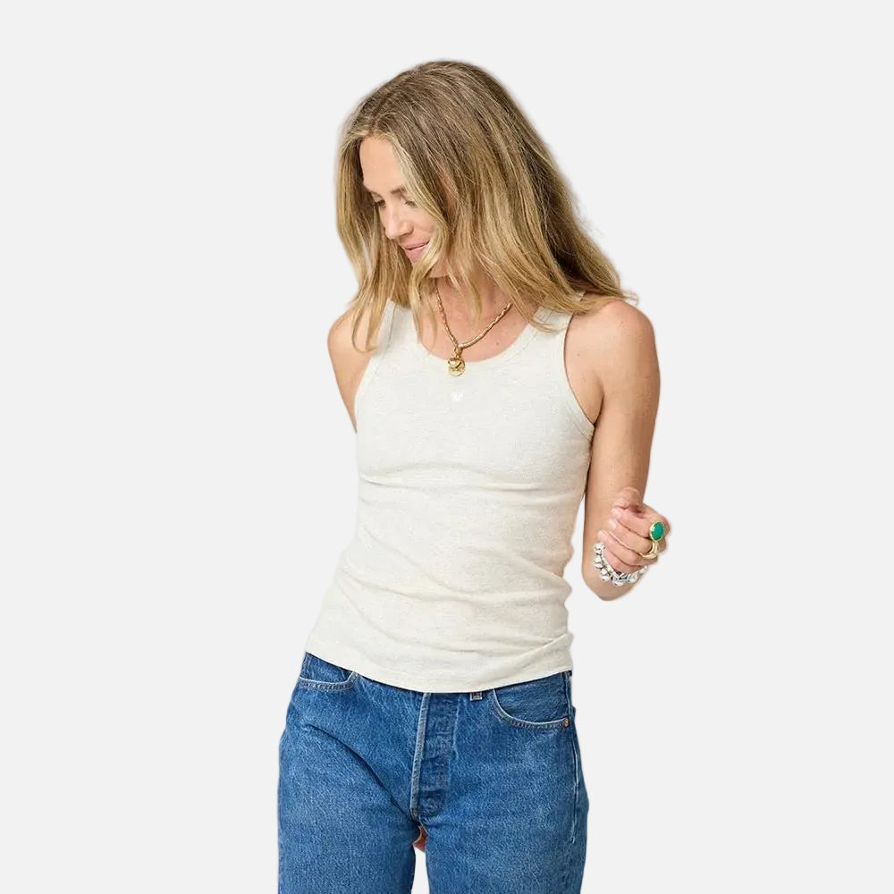 KR ribbed off white oatmeal tank top in cotton blend with a tiny embroidered heart - Shop women's tank tops by Kerri Rosenthal